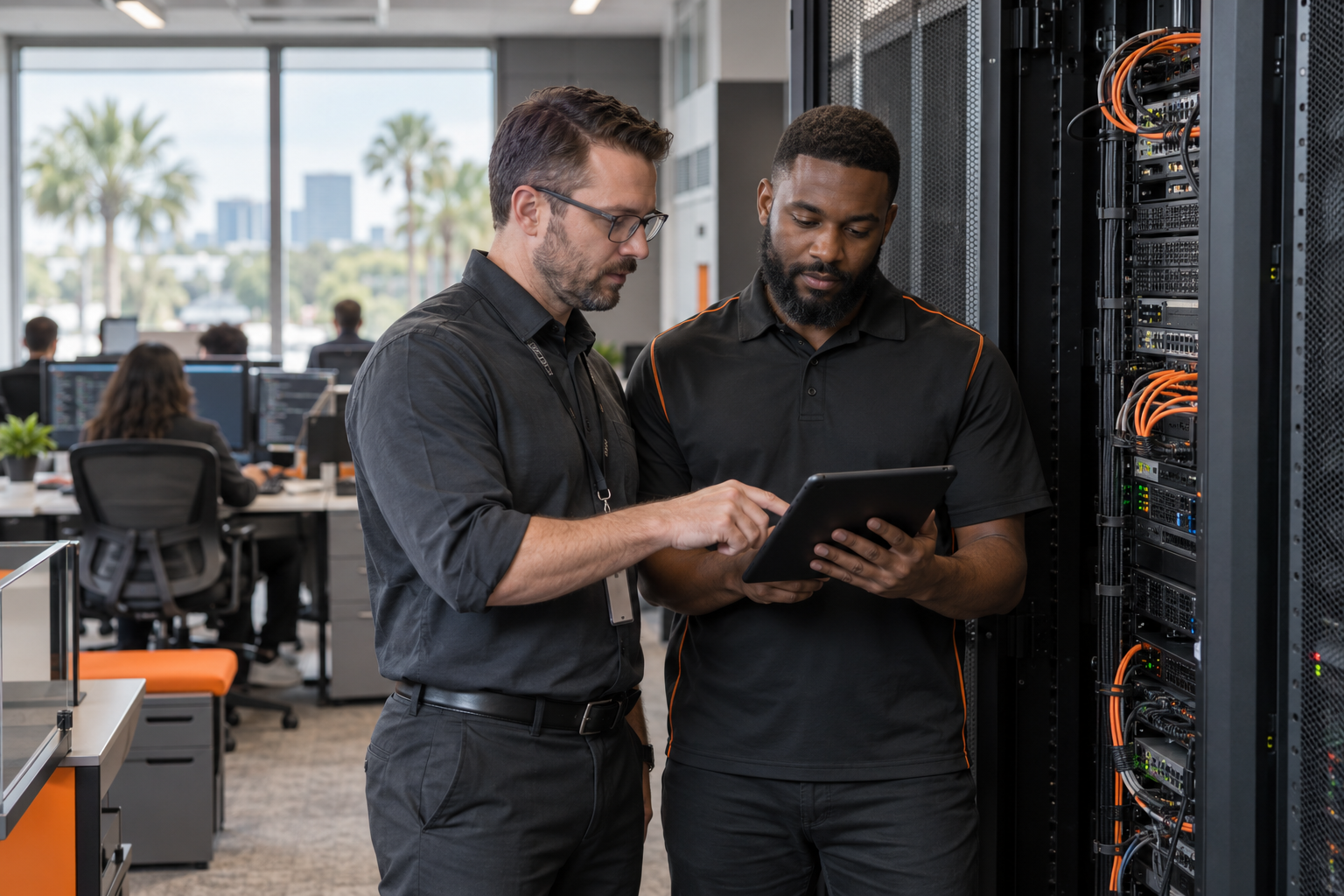 Internal IT administrator and managed IT engineer reviewing business network infrastructure together