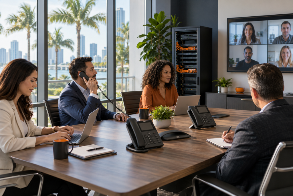 Florida office team using business VoIP phones to connect multiple locations and hybrid workers