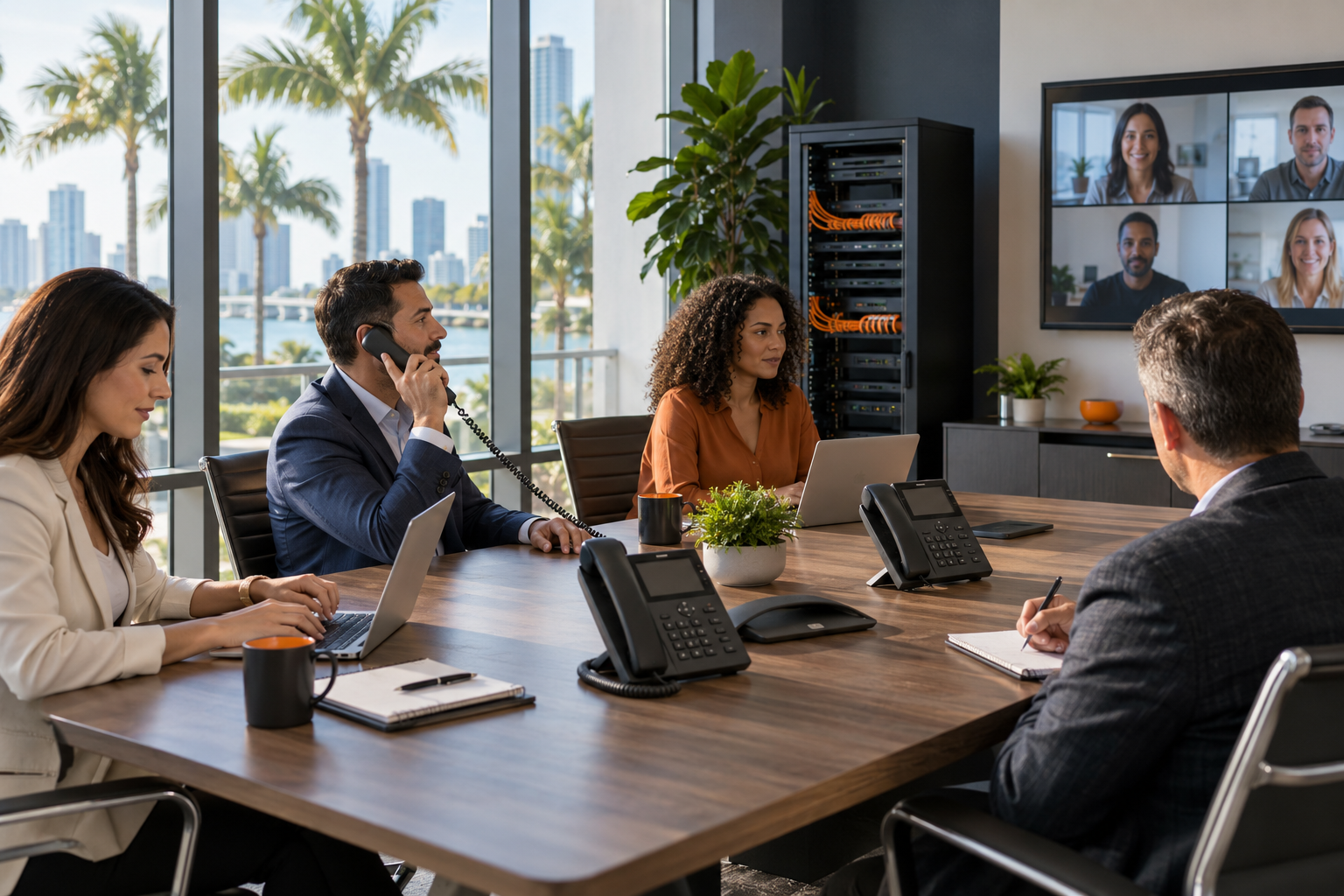 Florida office team using business VoIP phones to connect multiple locations and hybrid workers