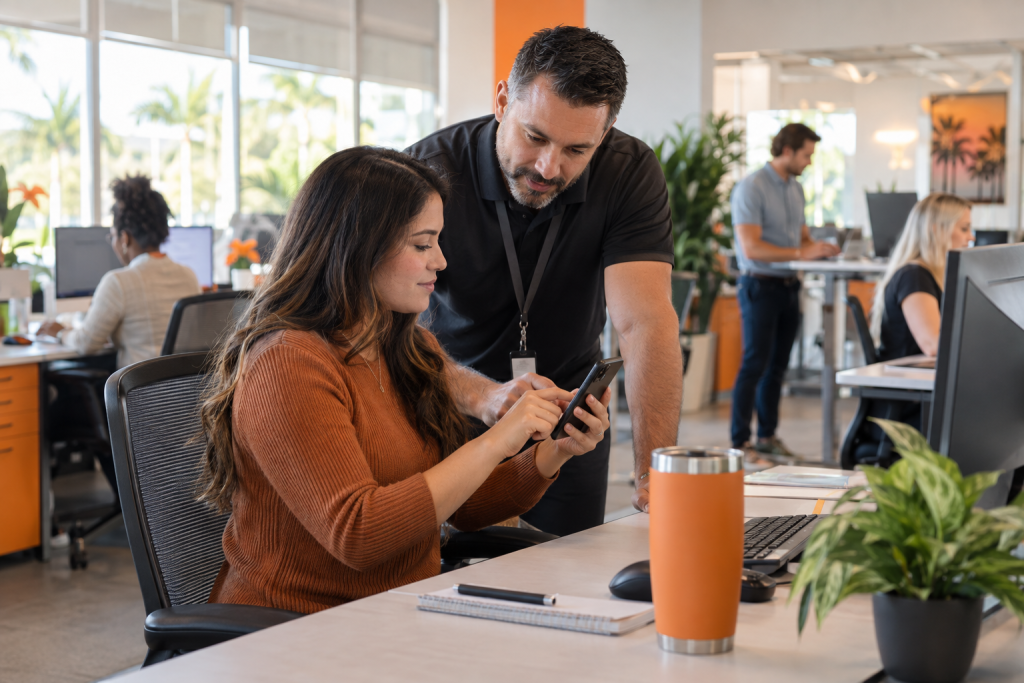 IT technician helping a Florida office employee complete secure multi-factor authentication on a smartphone