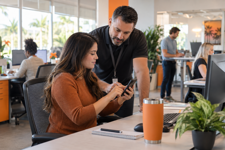 IT technician helping a Florida office employee complete secure multi-factor authentication on a smartphone