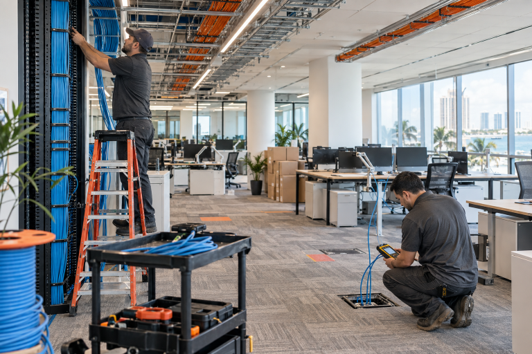 Mynians field technicians installing and testing structured cabling during a Florida office move