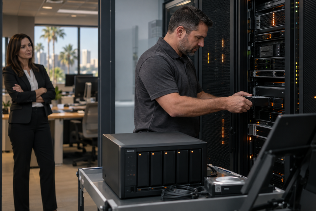 Small Business Ransomware Recovery and Backup - mynians Managed IT engineer restoring a Central Florida business network from protected backup equipment