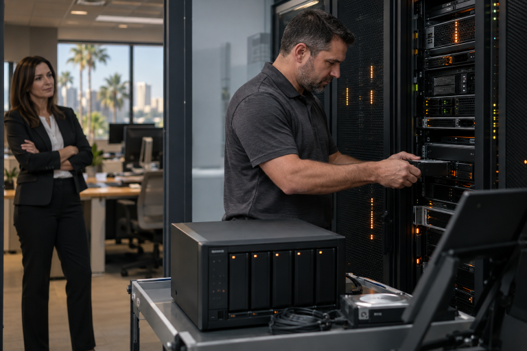 Managed IT engineer restoring a Central Florida business network from protected backup equipment