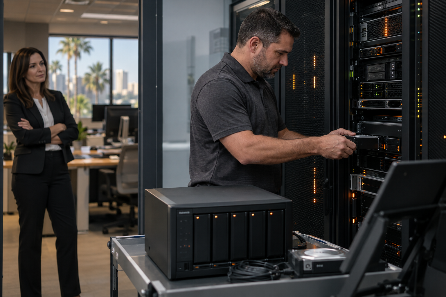 Small Business Ransomware Recovery and Backup - mynians Managed IT engineer restoring a Central Florida business network from protected backup equipment