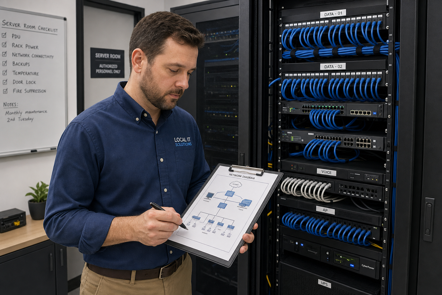 IT technician auditing a small business server rack and network equipment during a managed IT assessment