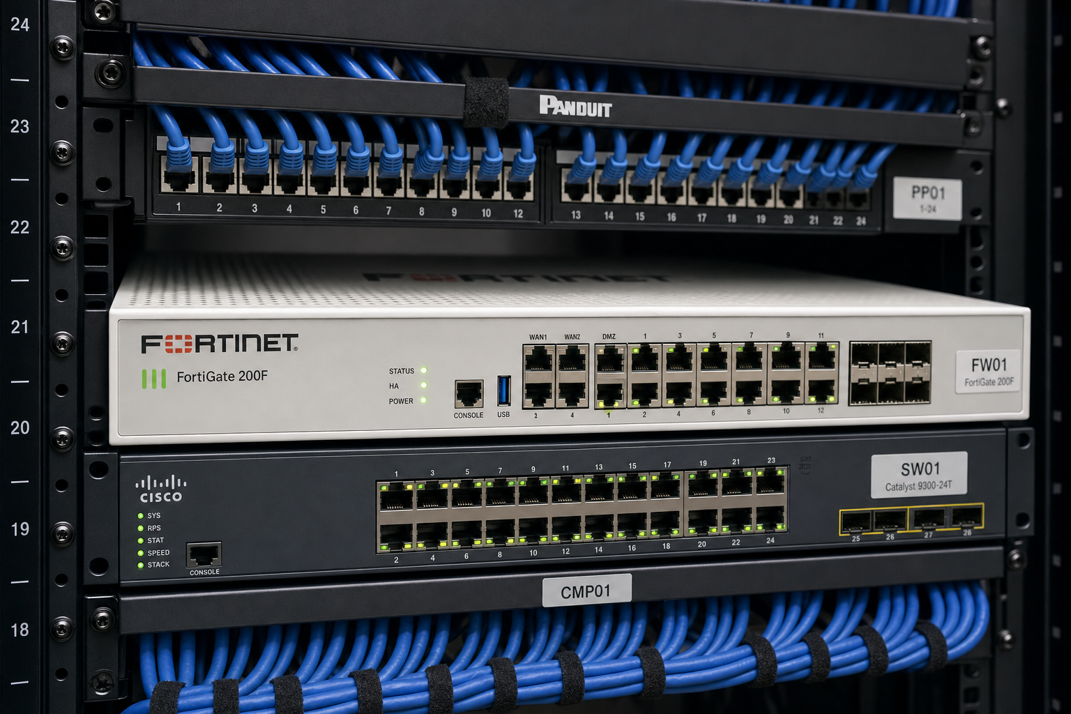 Business-grade firewall and managed switch in a properly organized server rack