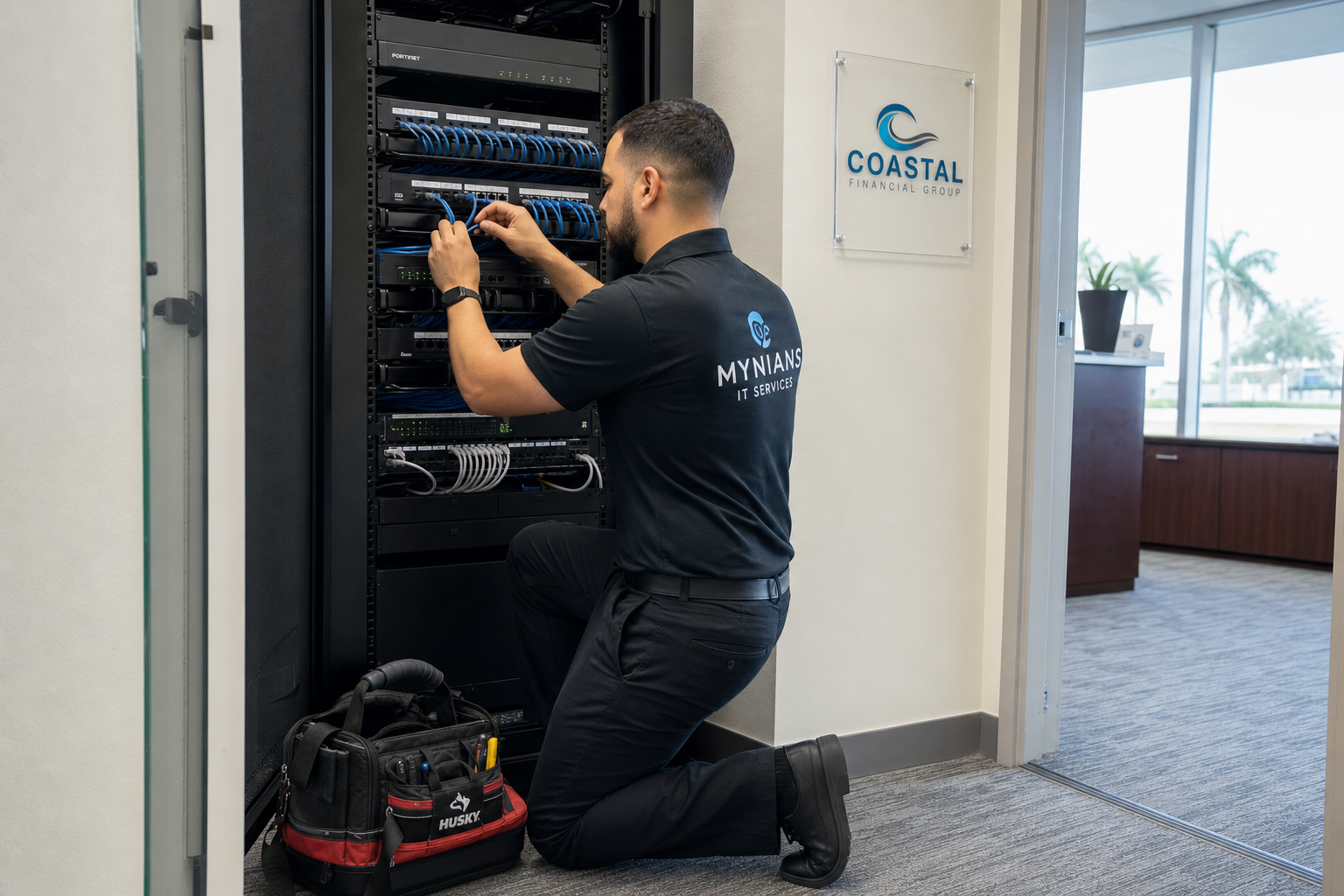 Local IT technician organizing structured cabling in a Florida small business network closet