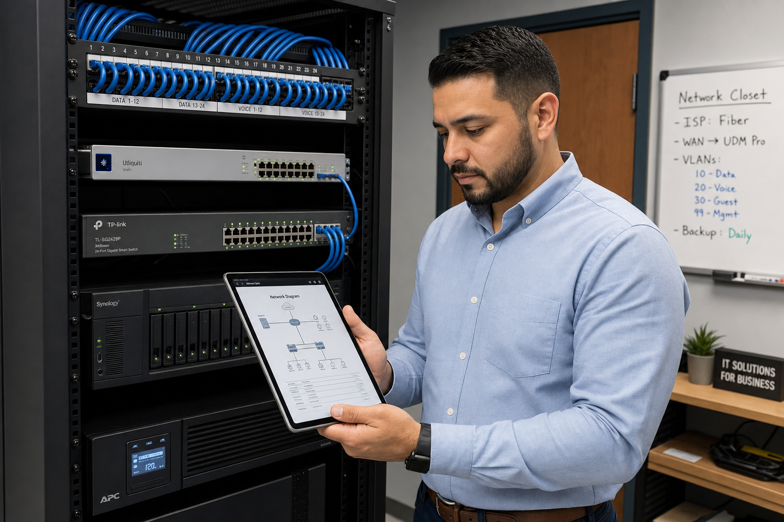 IT technician reviewing network documentation in a structured cabling closet