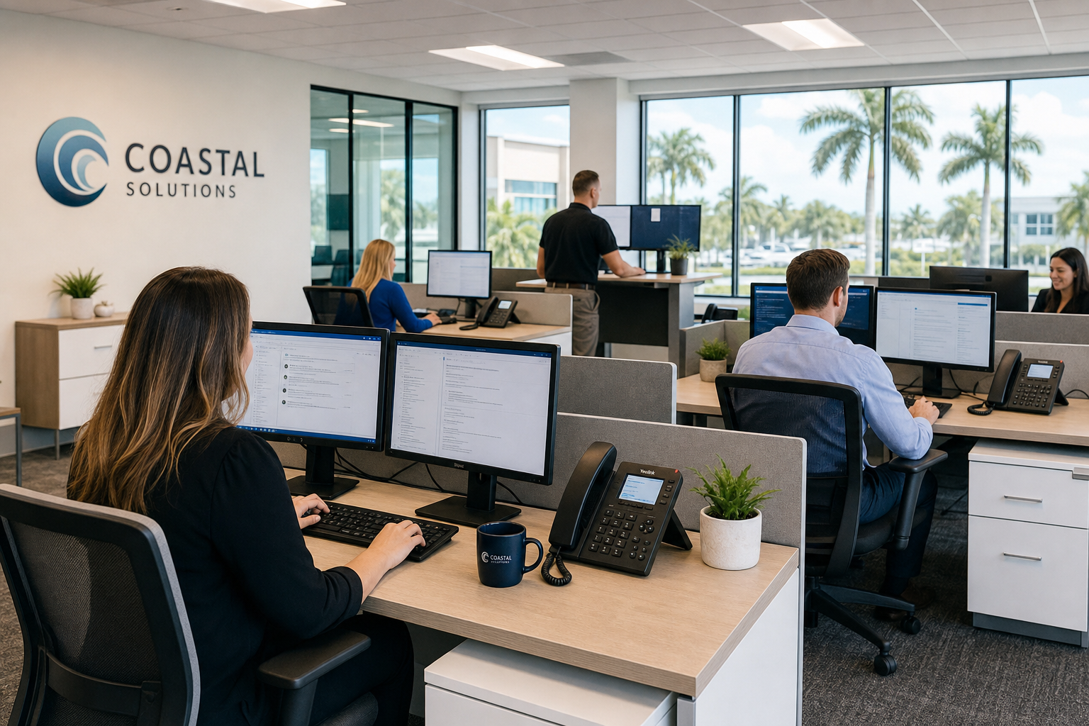 Business office with employees using computers and VoIP desk phones