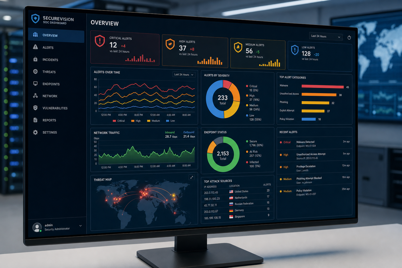 Cybersecurity monitoring dashboard on a desktop monitor in an IT operations environment