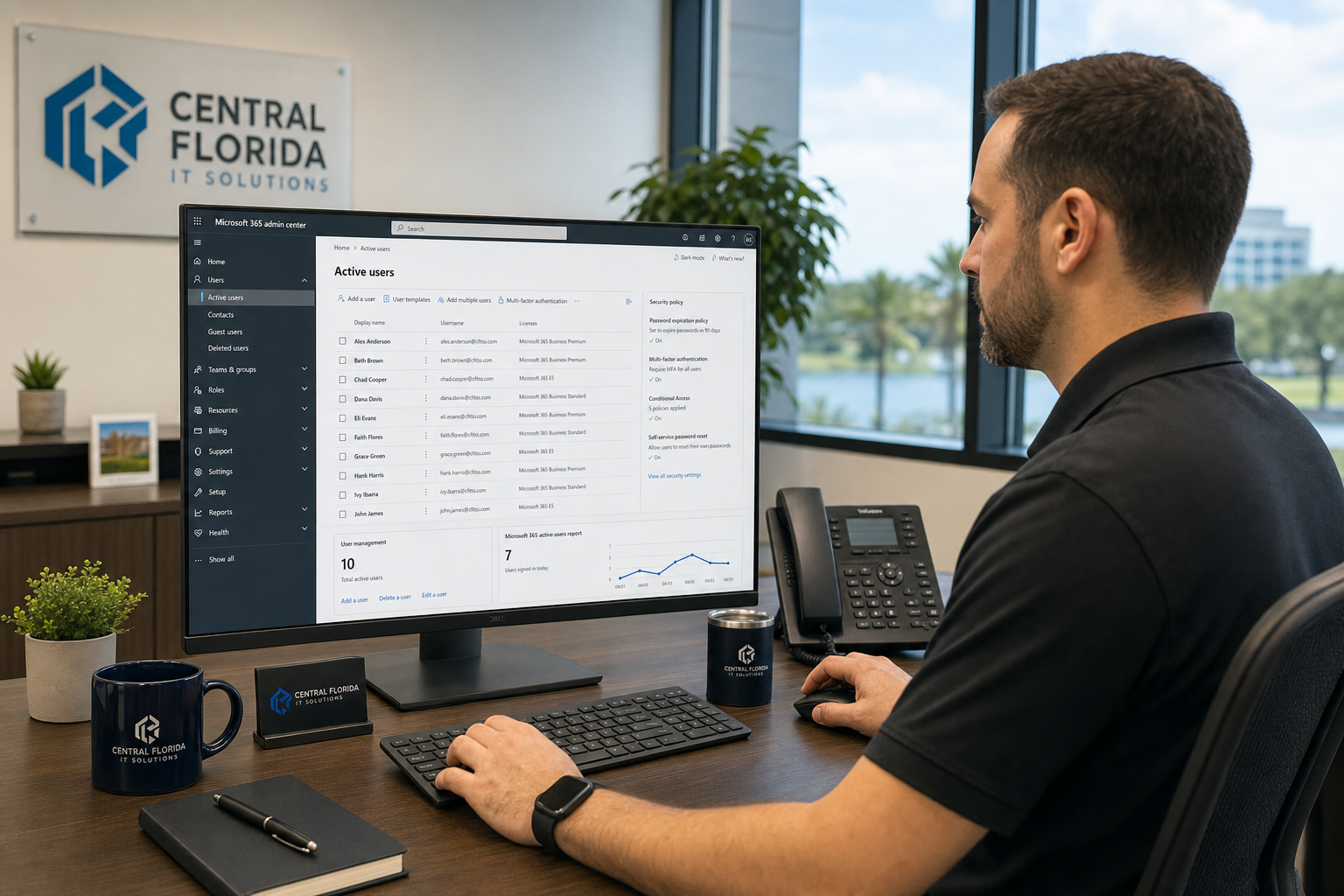 IT technician reviewing Microsoft 365 admin center user accounts and security settings