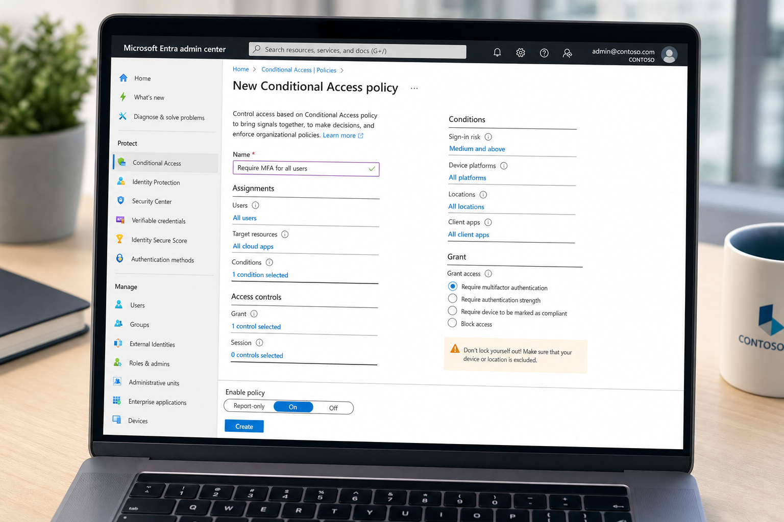 Microsoft Entra Conditional Access policy configuration screen on a laptop