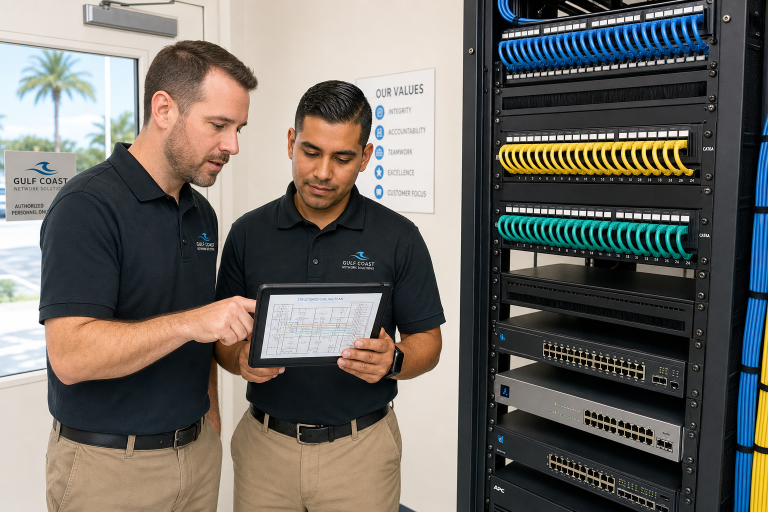 Mynians IT technicians reviewing network documentation in a structured cabling closet