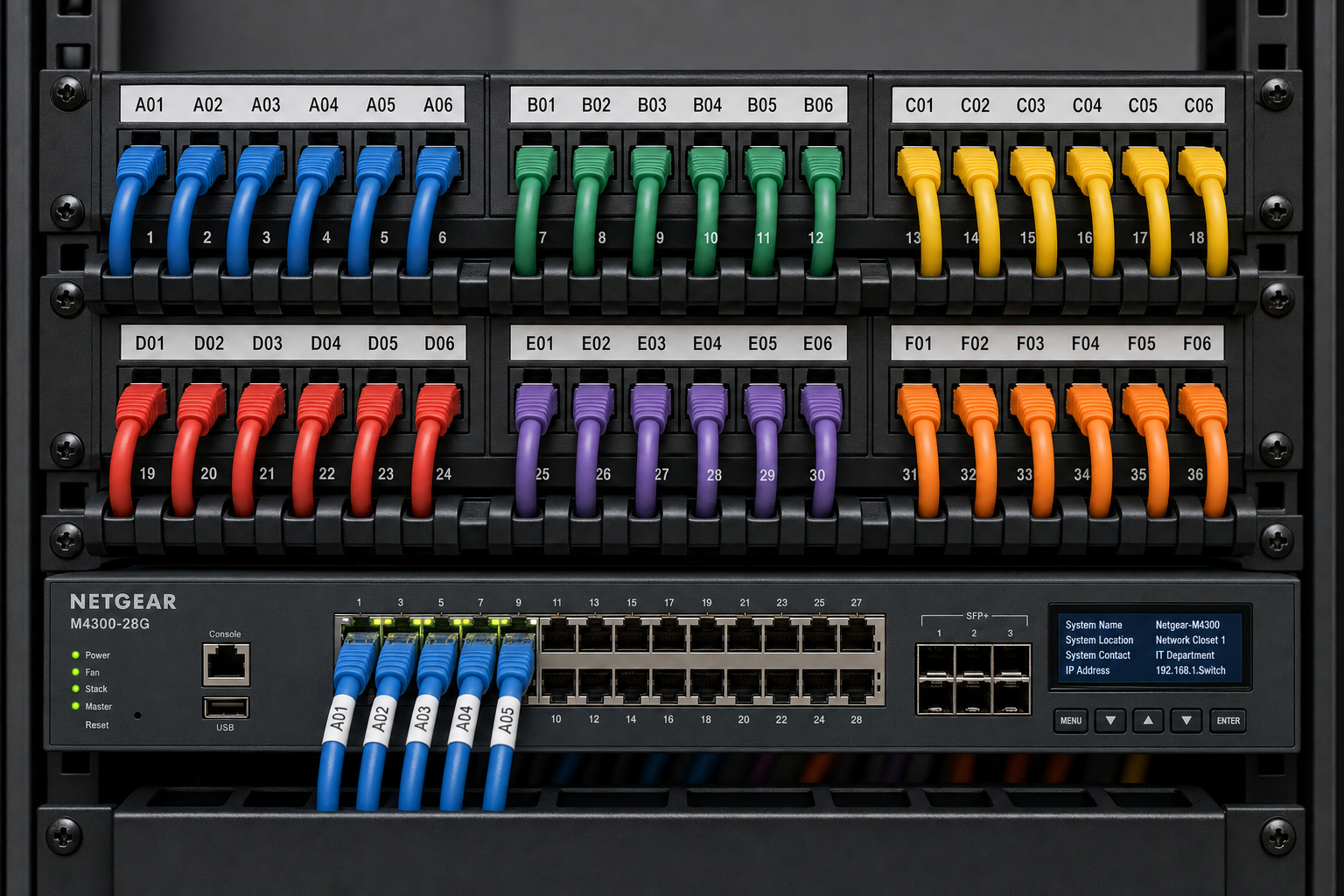 Organized and labeled patch panel in a small business network closet after structured cabling cleanup