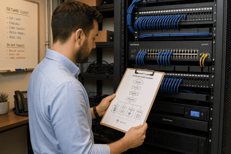 IT technician reviewing network documentation in a structured cabling closet