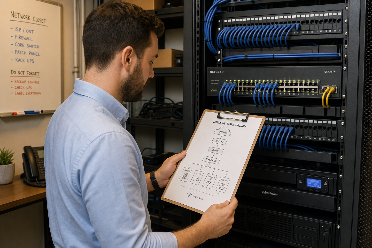 IT technician reviewing network documentation in a structured cabling closet