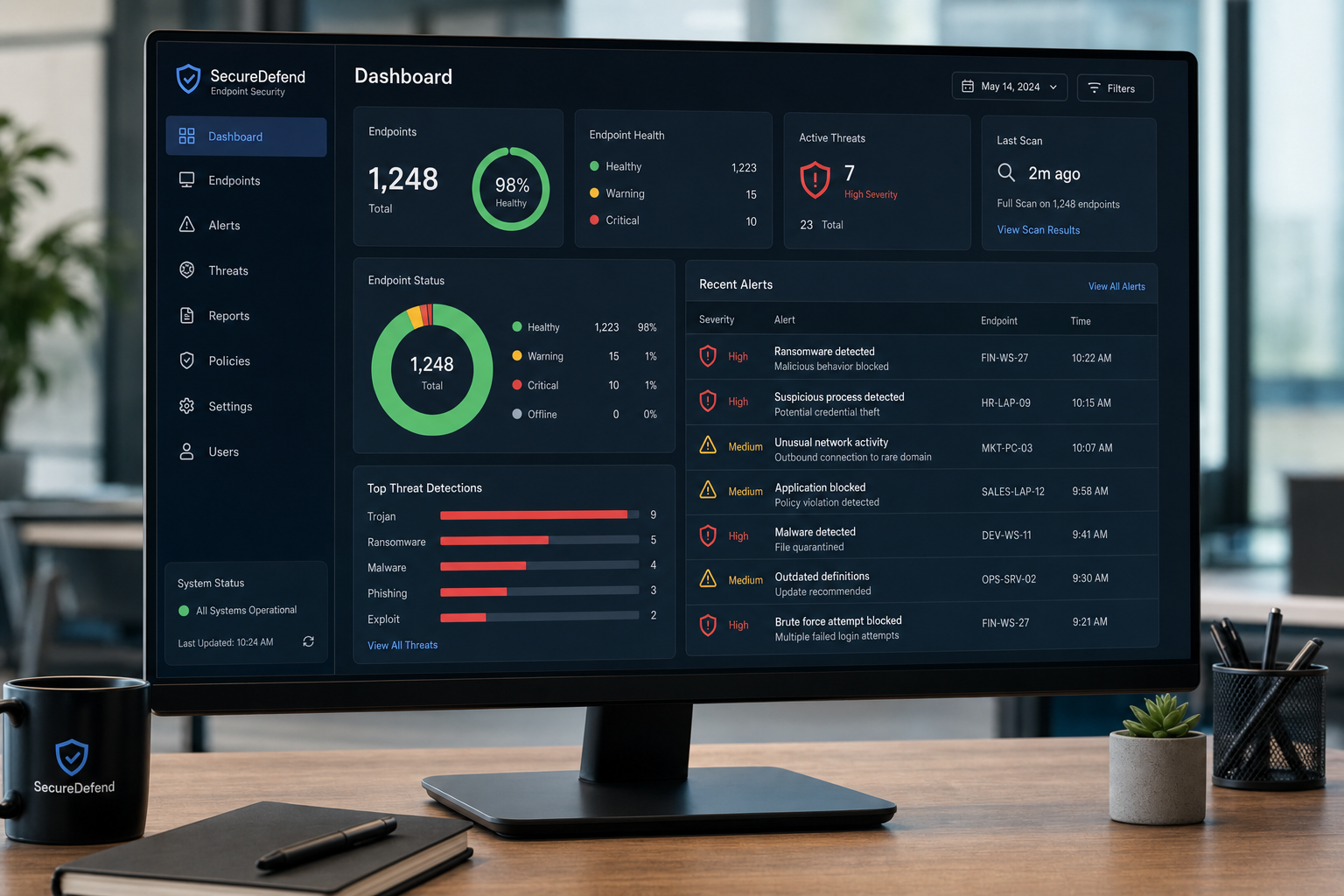 Cybersecurity monitoring dashboard showing endpoint protection status and alerts
