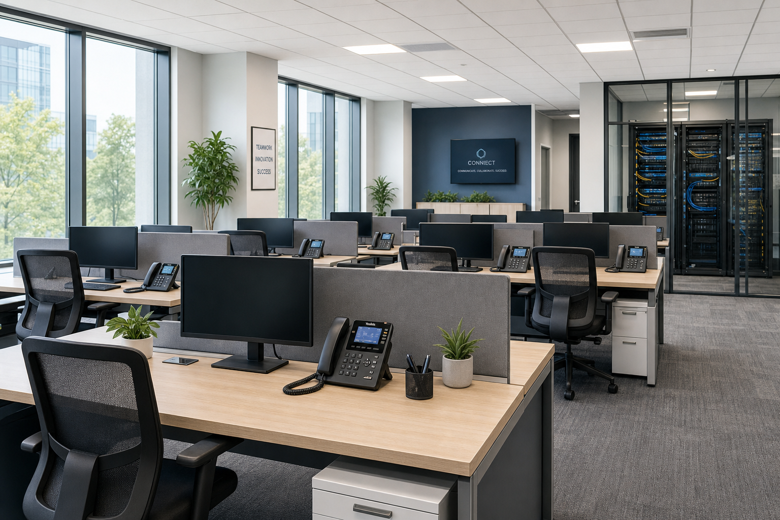 Modern small business office with 30 or more workstations and VoIP desk phones