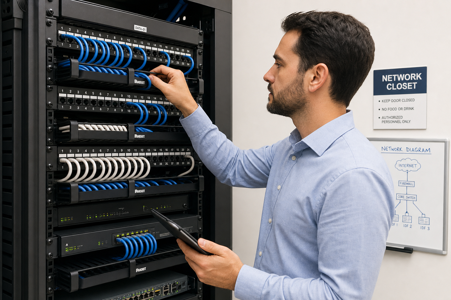 IT technician reviewing organized patch panel in a clean network closet