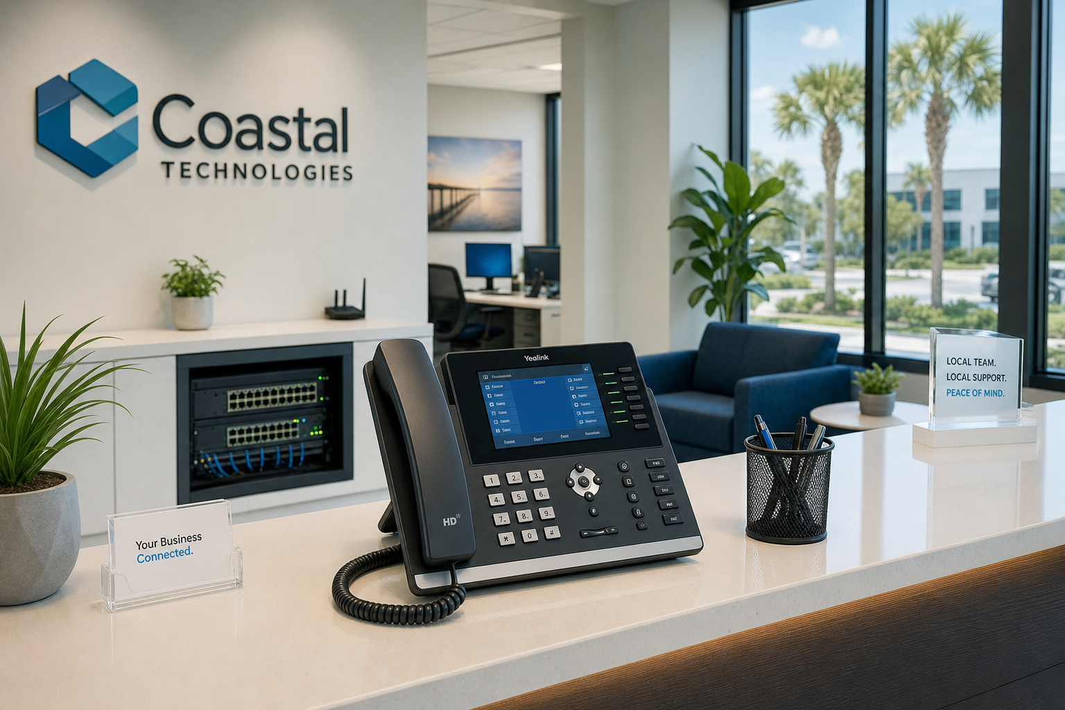Modern Florida business office with VoIP desk phone and managed network equipment