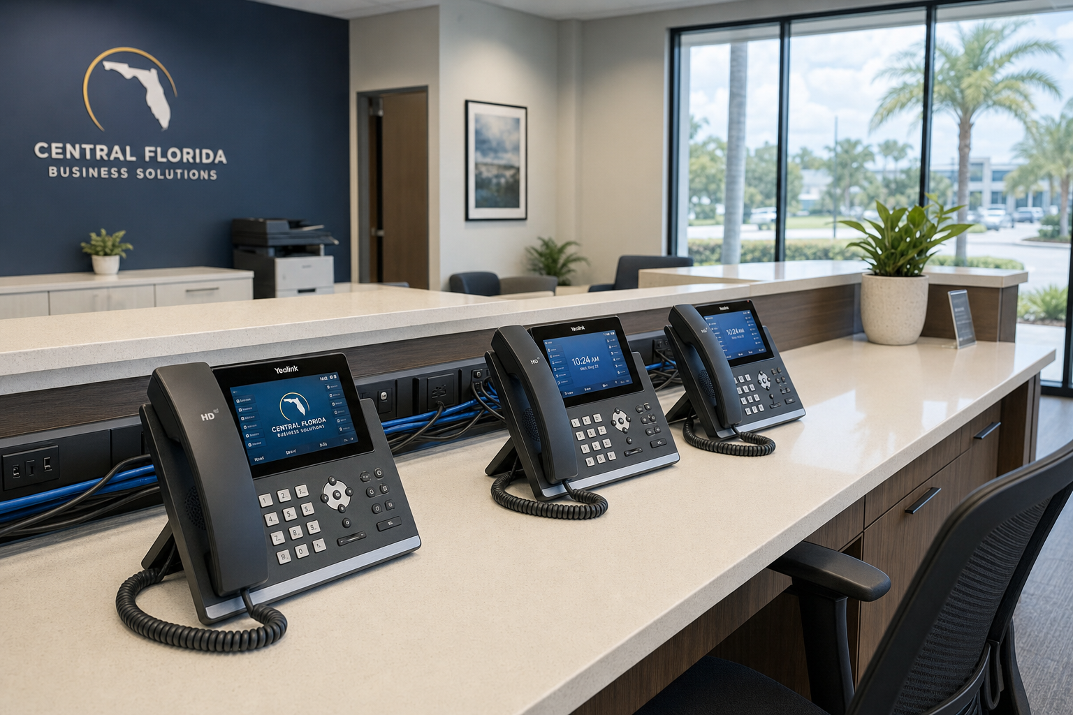 VoIP desk phones on a reception desk in a Florida business office