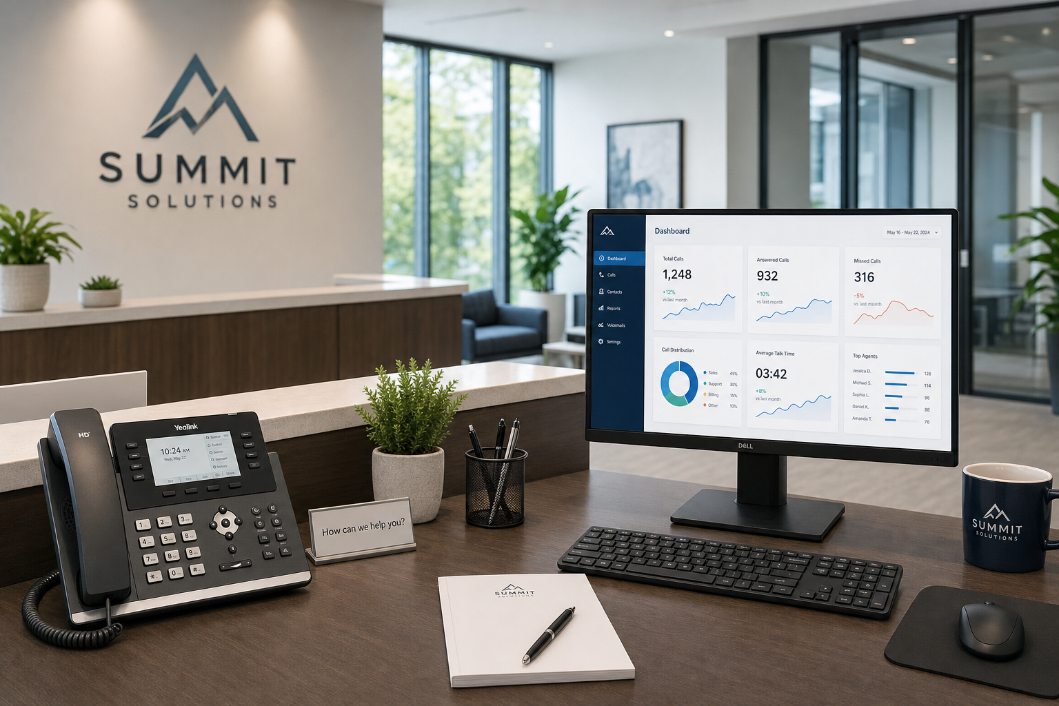 VoIP desk phone and workstation setup at a small business reception desk after managed IT overhaul
