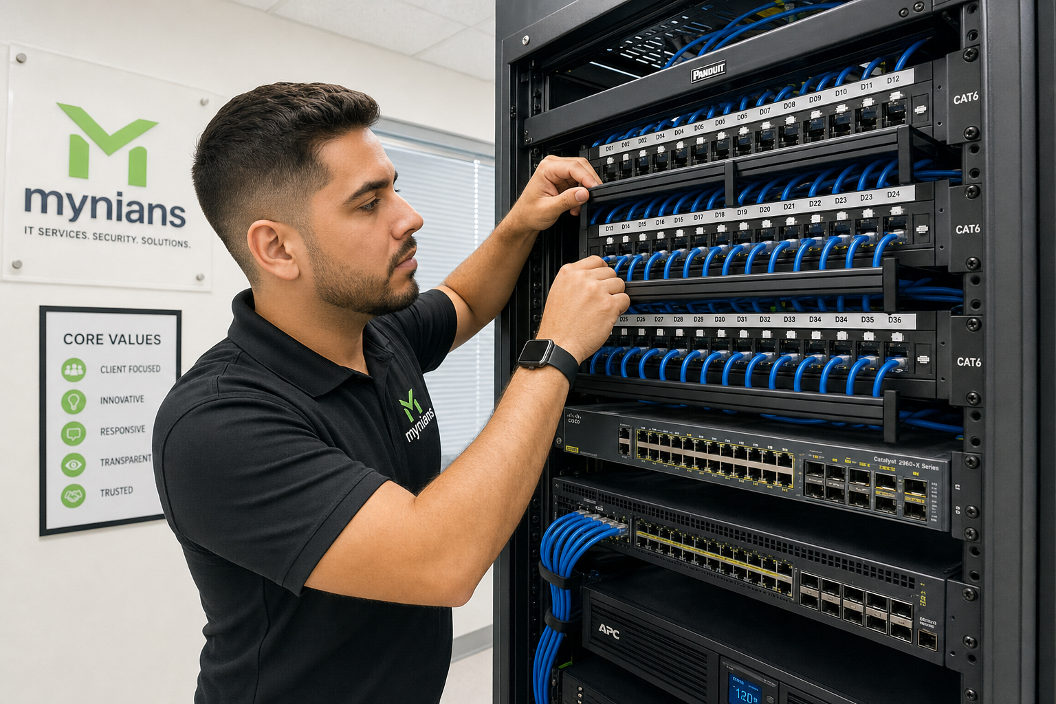 IT technician organizing structured cabling in a Florida office network closet
