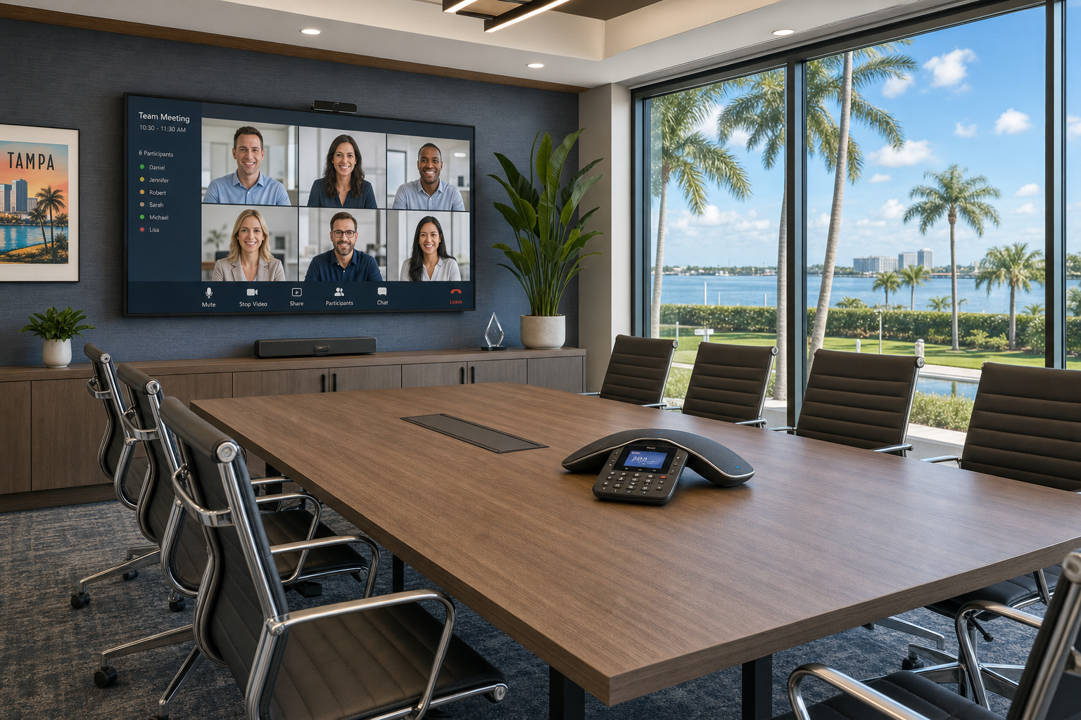 Conference room with hosted VoIP conference phone and video calling setup in a Florida office