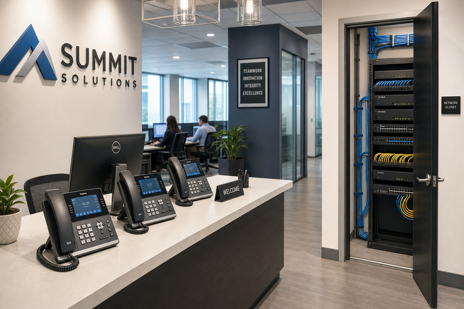 VoIP desk phones at a professional office front desk with structured cabling and network equipment in the background