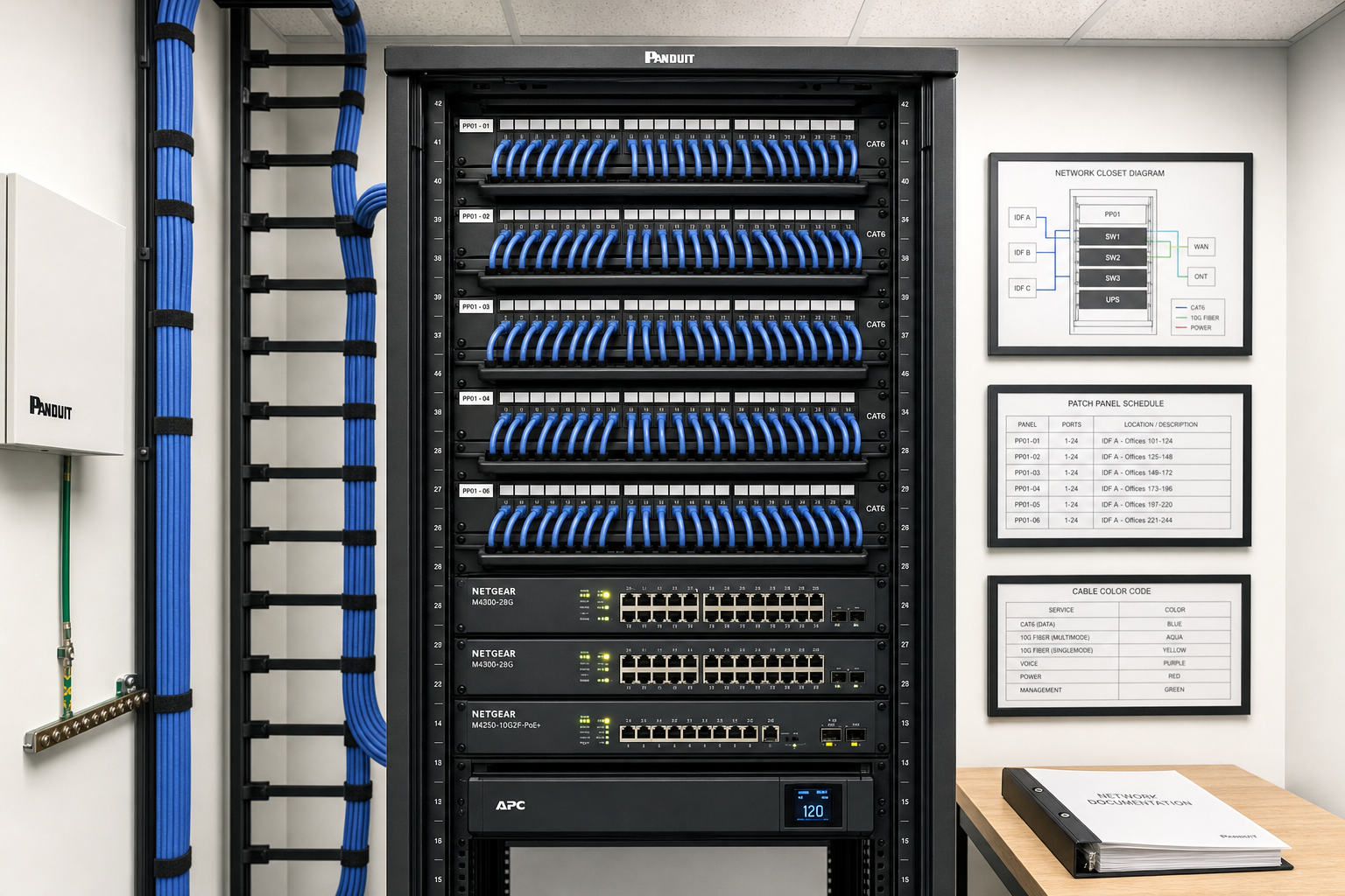 Organized network closet with labeled patch panel and managed switches supporting a HIPAA-compliant VoIP system