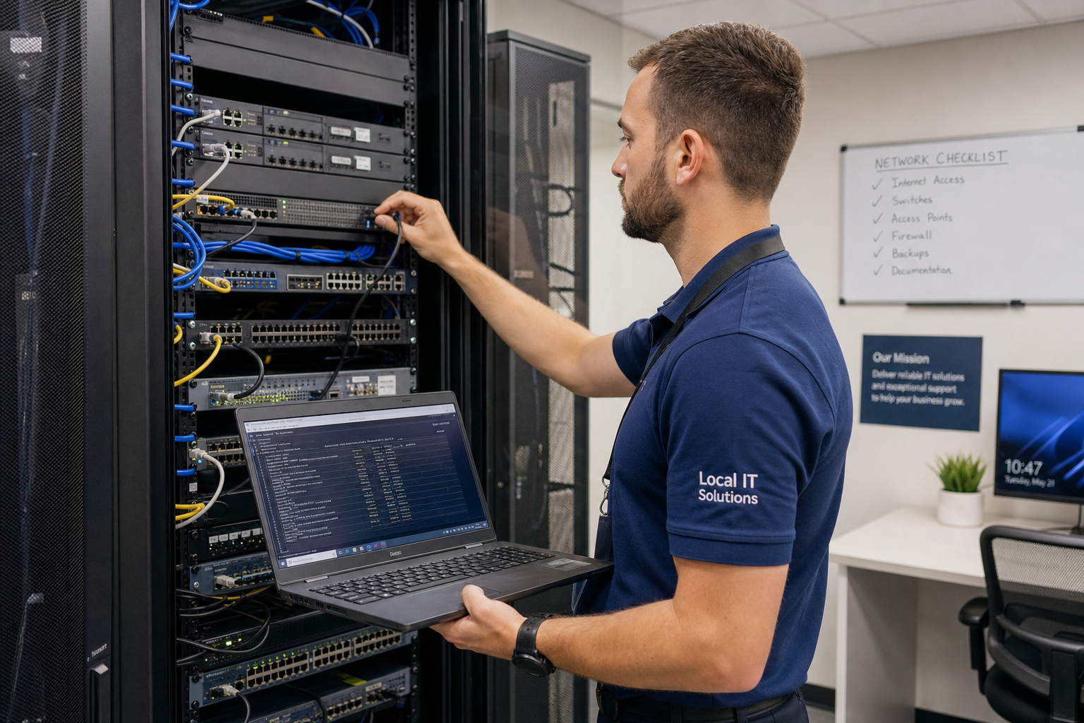 Local IT technician configuring a managed network switch for a VoIP deployment in a Central Florida business office