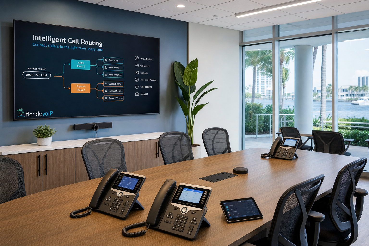 Conference room with modern VoIP phones and business call routing setup