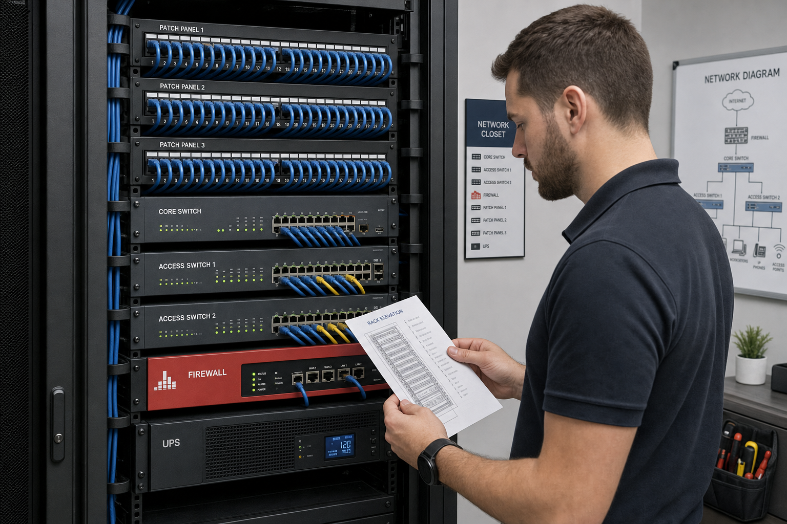 Structured cabling and managed switches in a clean network closet