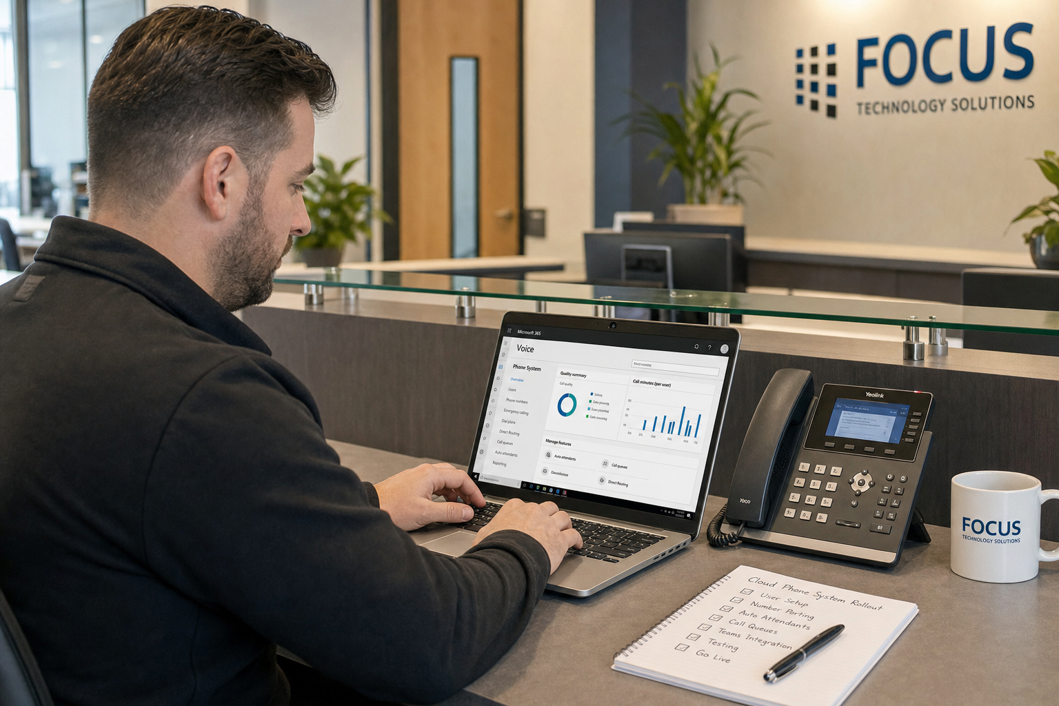 Technician configuring a cloud phone system for a multi-location office rollout