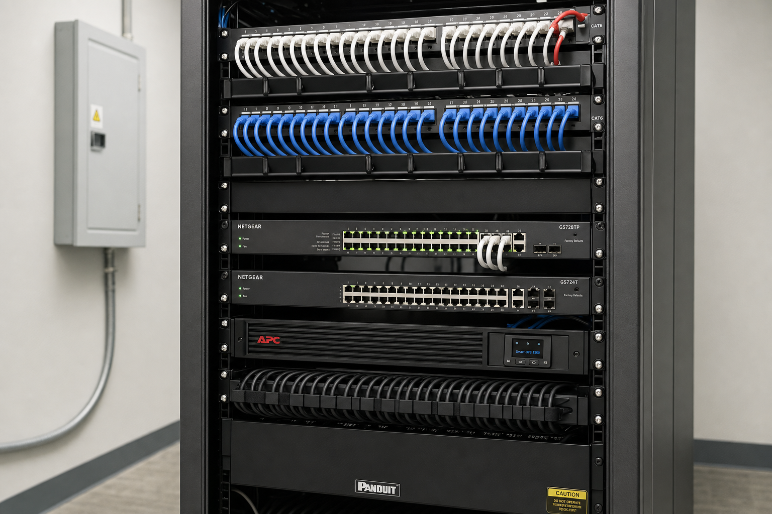 Organized network closet with patch panels and managed switches for business VoIP