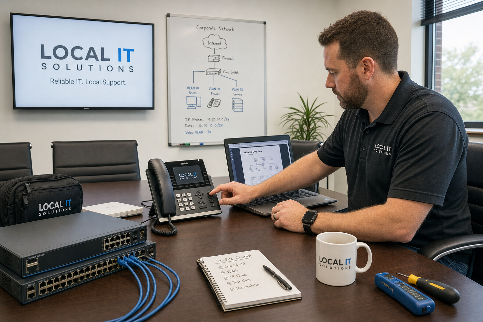 Technician reviewing business phone and network setup in an office