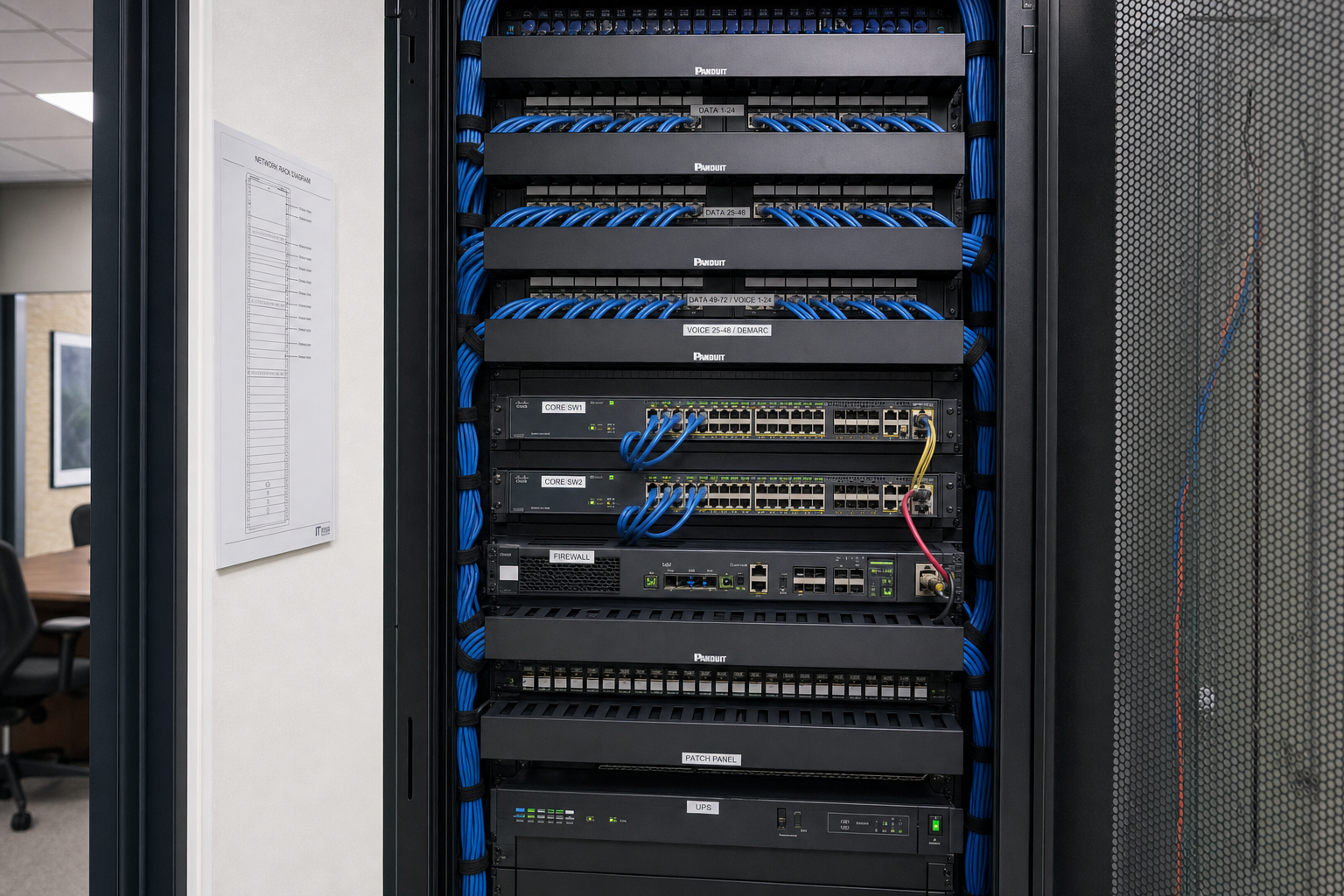 Organized office network closet with labeled patch panels and structured cabling