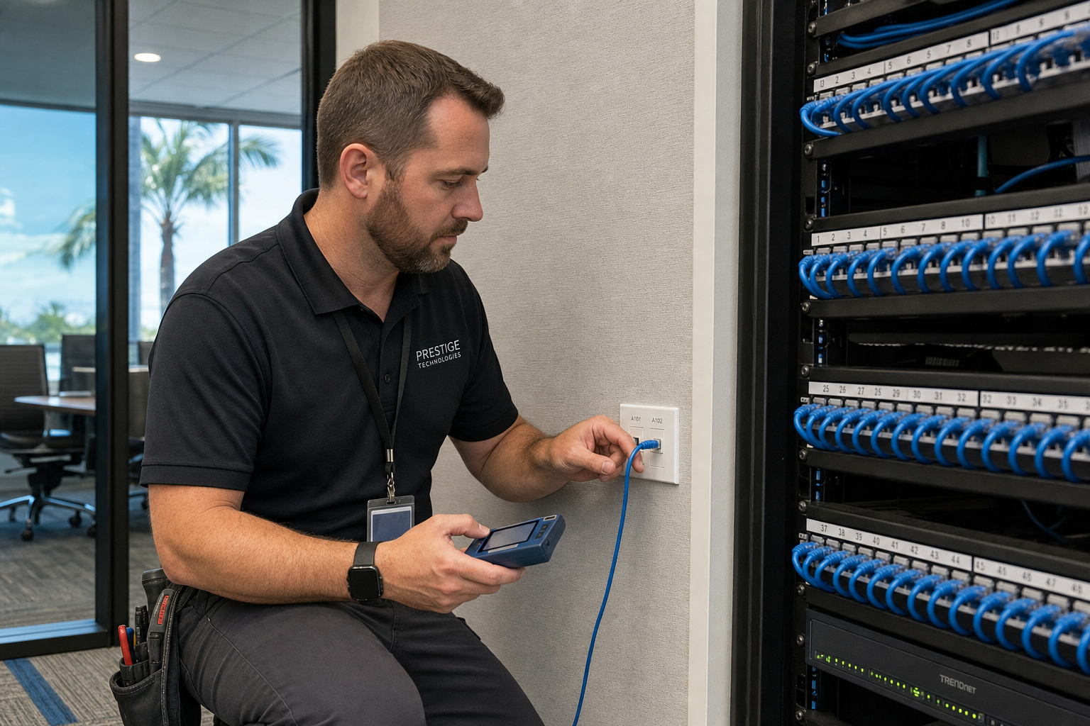 Technician inspecting office cabling and port labeling during a workspace expansion
