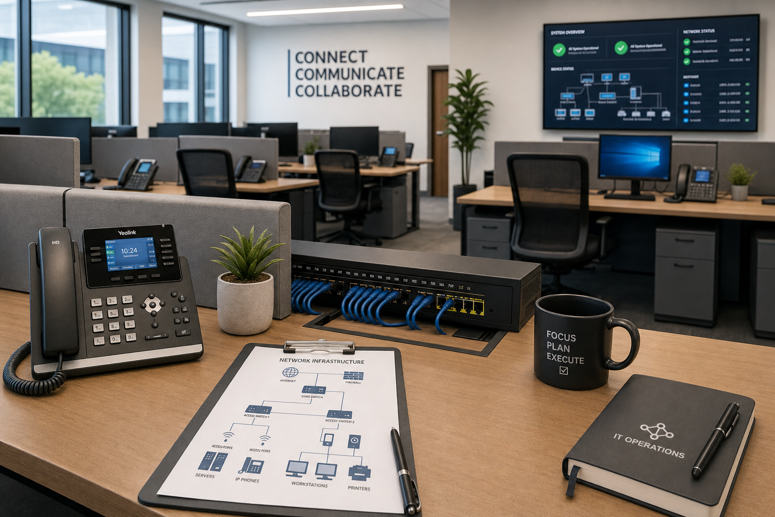 Modern office desks with VoIP phones and clean structured cabling layout