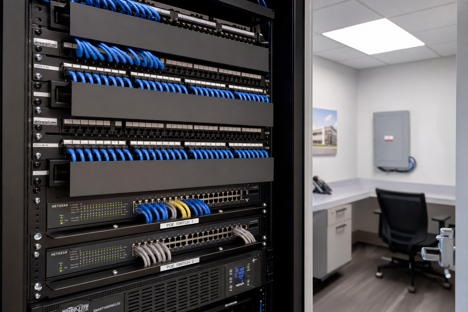Organized office network closet with Cat6 patch panels and PoE switches