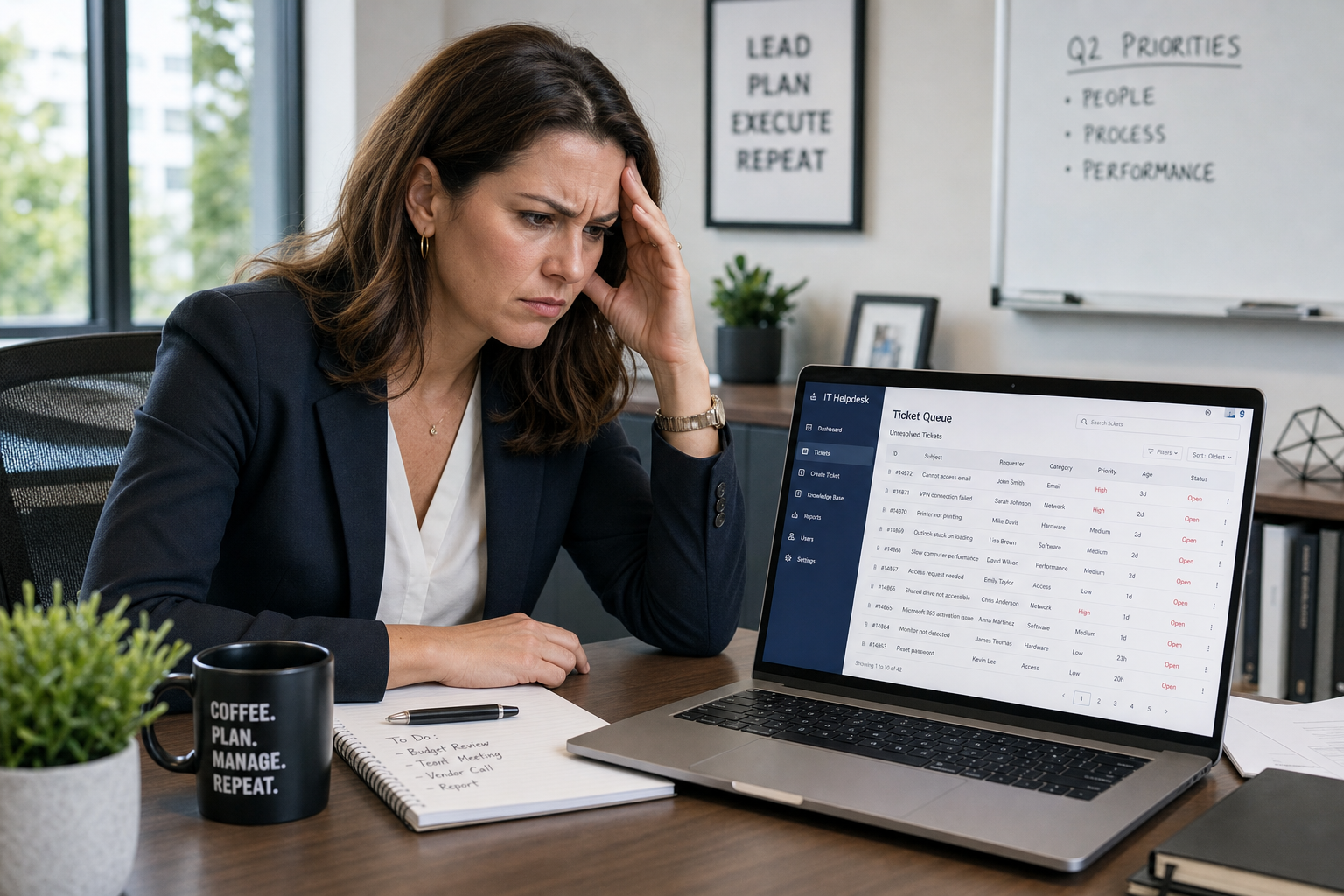 Office manager reviewing a slow IT helpdesk ticket queue on a laptop in a modern Florida business office