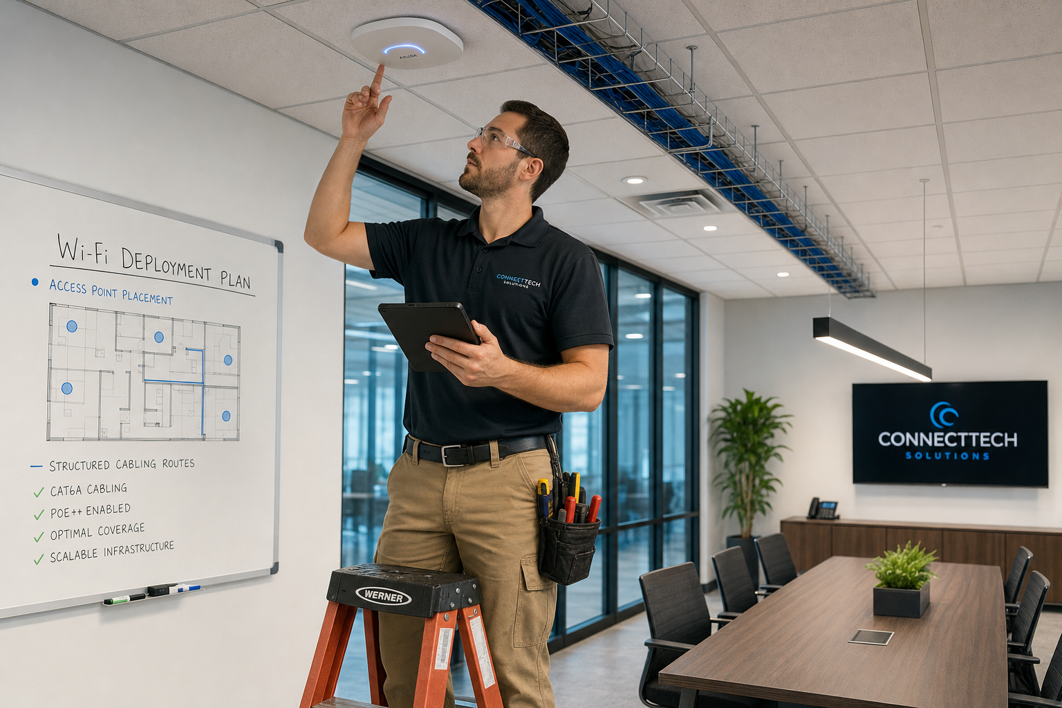 Technician planning Wi-Fi access point placement and cabling in an office