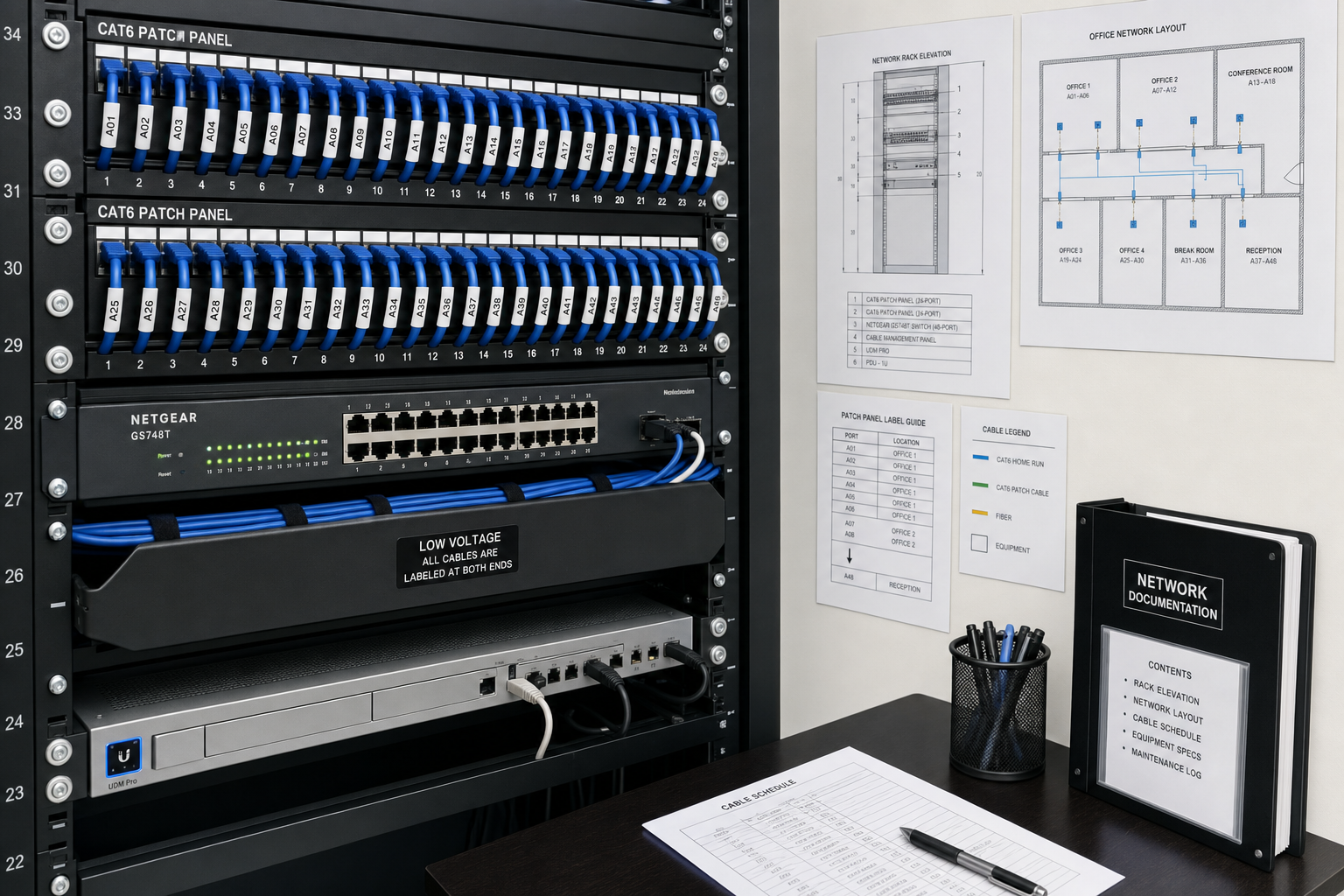 Structured cabling documentation beside a labeled server rack and patch panels