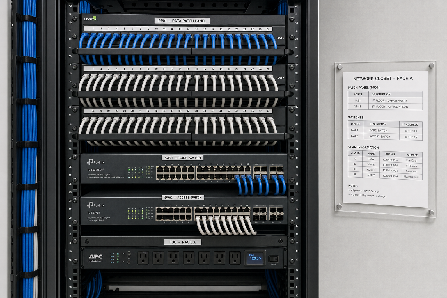 Organized network closet with labeled structured cabling patch panel and managed switches in a Central Florida office