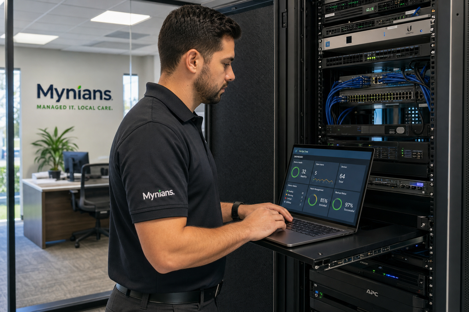 Local IT technician performing on-site managed IT support at a Central Florida business office
