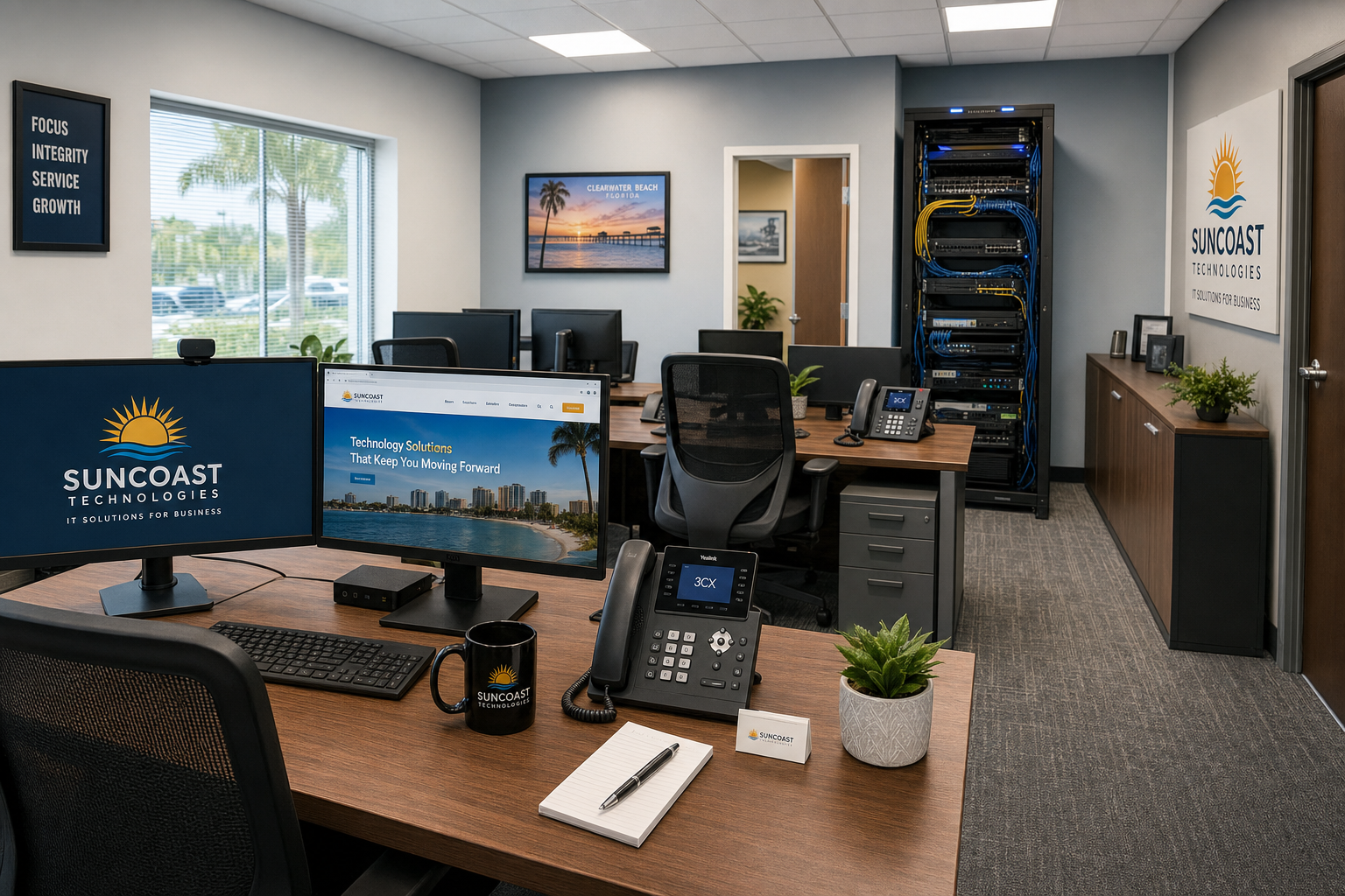 Small business office with multiple workstations and VoIP phones connected to a managed network