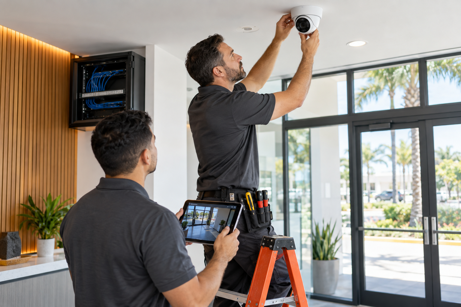 Mynians technicians installing and configuring a commercial security camera in a Central Florida business