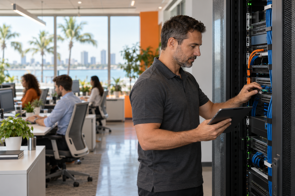 Managed IT vs Break-Fix for Growing Businesses - mynians Managed IT technician proactively maintaining business network equipment in a growing Florida office