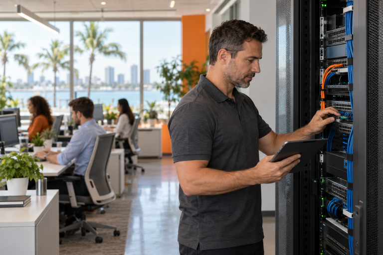 Managed IT technician proactively maintaining business network equipment in a growing Florida office